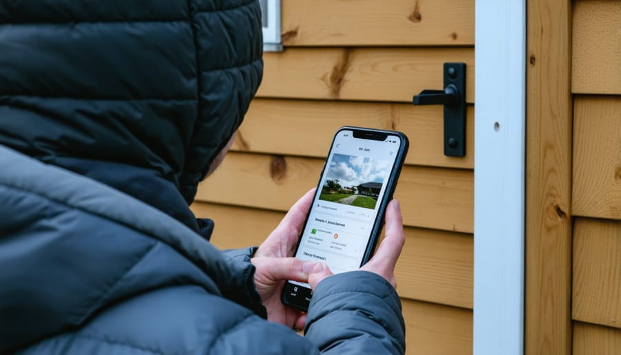 Smartphone screen displaying smart shed security app with access history and surveillance feed