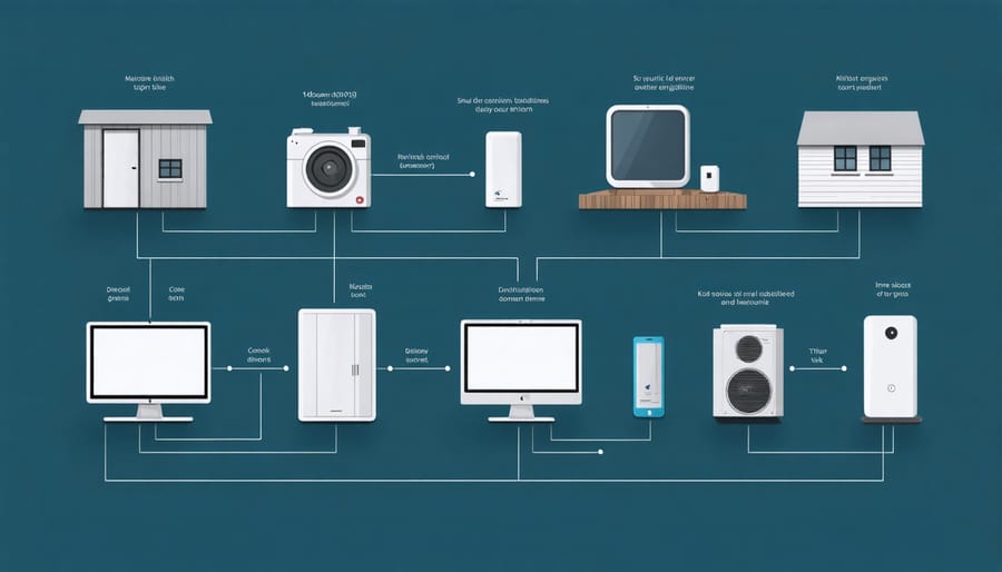 Diagram illustrating various smart devices connected to Hubz controller including lights, sensors, and power tools