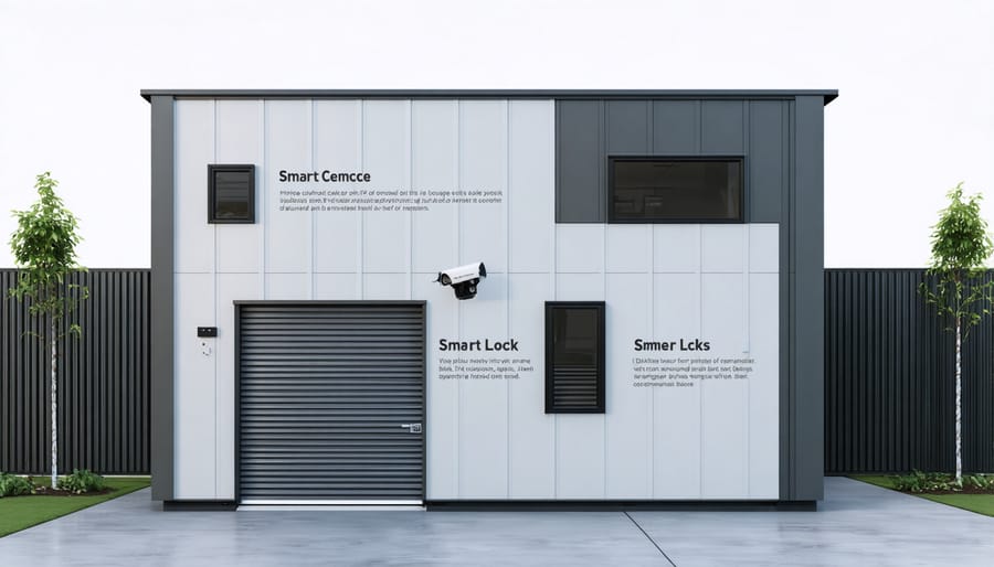 Smart storage shed with integrated technology features visible on its exterior