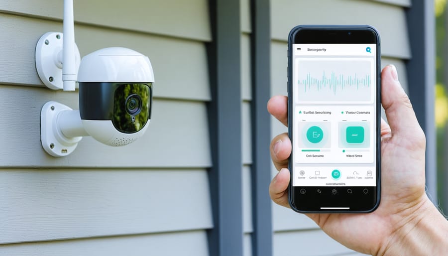 Smart security camera setup with mobile phone displaying live shed surveillance feed