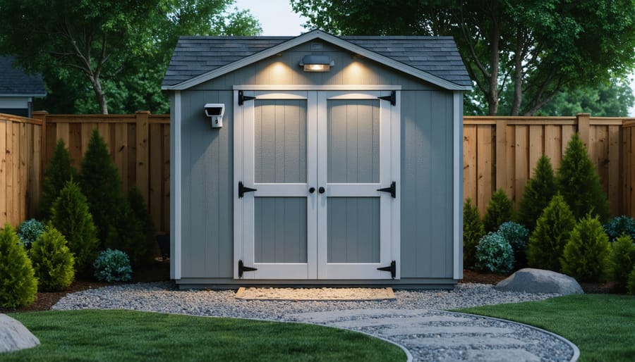 A well-secured backyard shed with illuminated motion-activated lights, surveillance cameras, and reinforced entry points, surrounded by thorny bushes and a gravel path as part of a comprehensive security system.