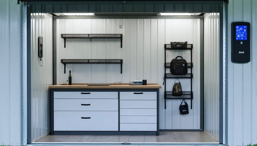 Interior view of an 8x12 shed transformed into a high-tech workspace, featuring automated shelving systems, motion-activated LED lights, and a fold-down desk with charging stations.