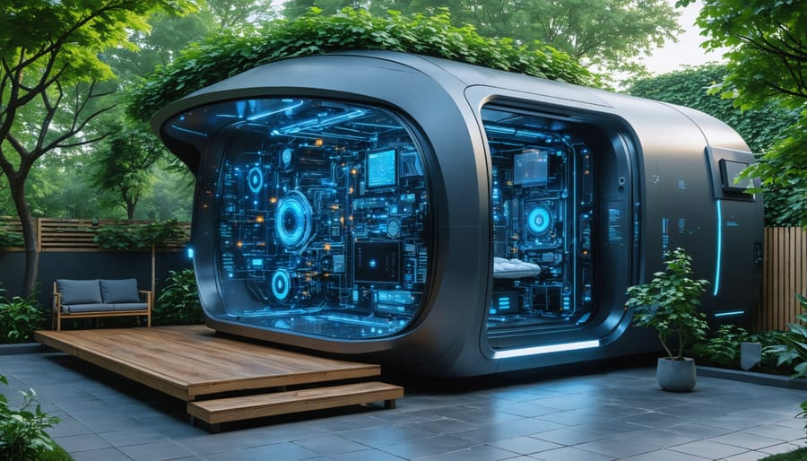 A modern smart shed showcasing advanced edge computing technology, featuring glowing digital components, sensors, security cameras, and automated climate control in a lush backyard.