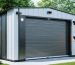 A modern storage shed equipped with smart technology, featuring security cameras, automated lighting, and a digital access panel.