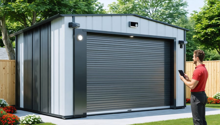 A modern storage shed equipped with smart technology, featuring security cameras, automated lighting, and a digital access panel.