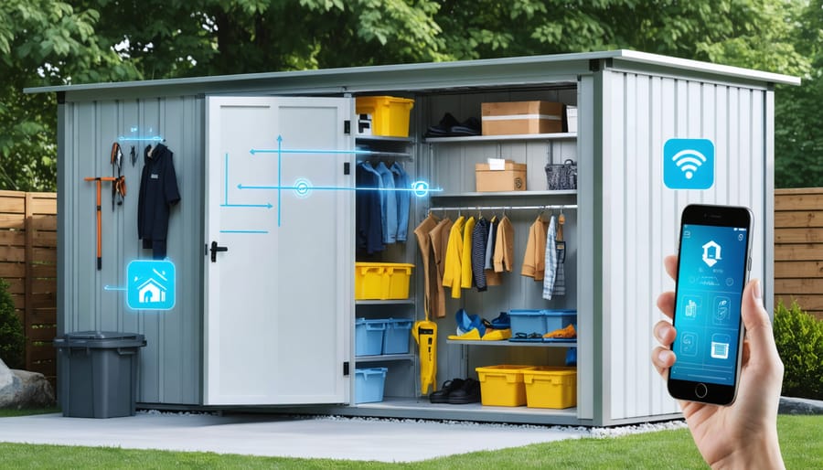 Conceptual illustration of an 8x12 shed transformed with smart storage technology, featuring organized shelves, RFID-tagged bins, and motion-activated lighting, alongside a smartphone showing a 3D layout.