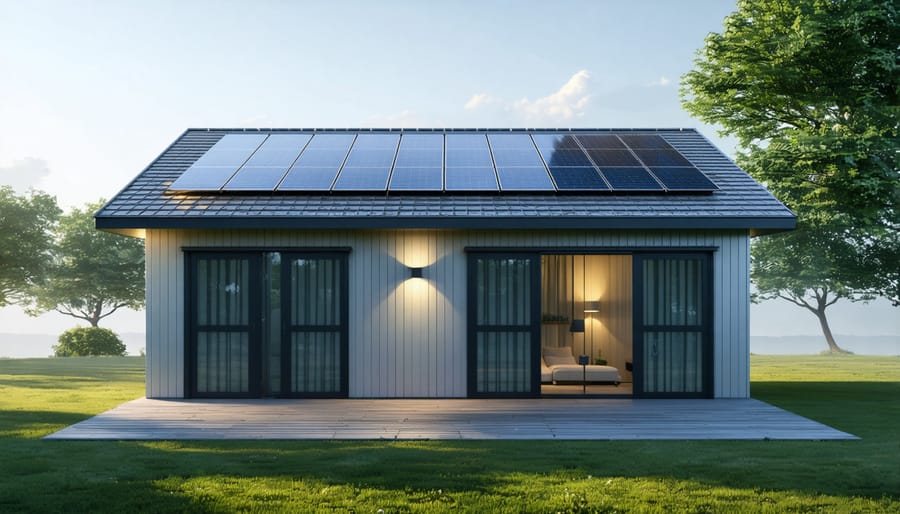 Illuminated garden shed with solar panels and LED lighting system