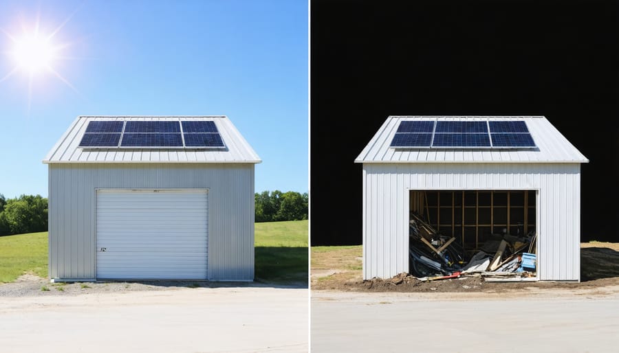 A split image showcasing the difference between a clean, well-ventilated shed with solar-powered vents and a damp, moldy storage space, illustrating the benefits of solar ventilation systems.