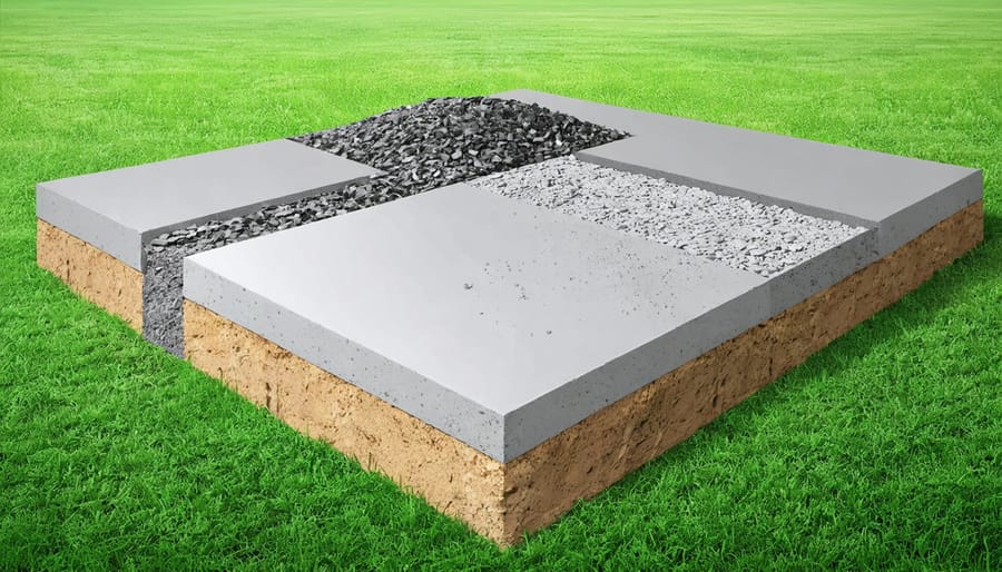 Detailed illustration of various metal shed foundation options, including concrete slabs, gravel pads, and concrete blocks, set in a yard with a focus on stability and proper drainage.