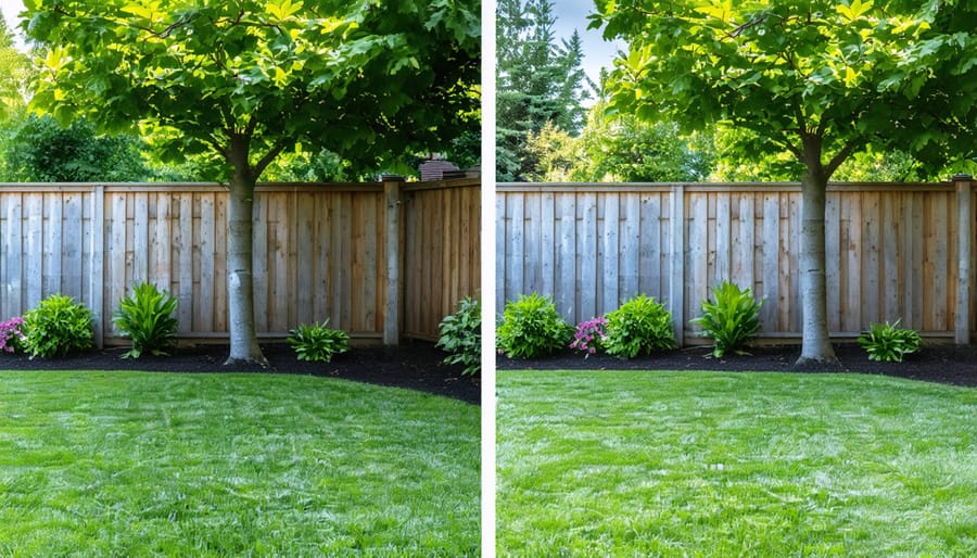 Split image showing transformation of a noisy backyard into a peaceful garden with dense evergreen trees and shrubs