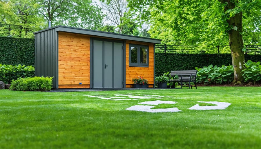 Illustration of an eco-friendly resin shed foundation installed in a vibrant green lawn, demonstrating sustainability and durability with elements showing natural drainage and minimal environmental impact.
