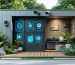Illustration of a modern storage shed with integrated smart devices managed through a mobile app, highlighting features like smart lighting, security cameras, and climate control systems in a garden setting.