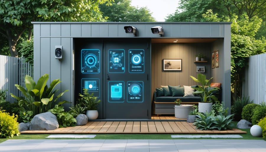 Illustration of a modern storage shed with integrated smart devices managed through a mobile app, highlighting features like smart lighting, security cameras, and climate control systems in a garden setting.