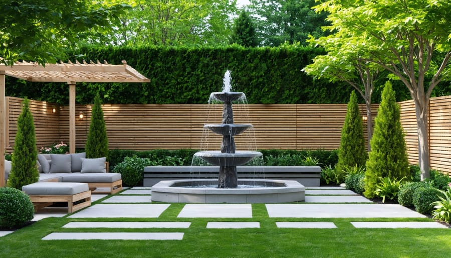 A beautifully landscaped backyard featuring a wooden acoustic fence, dense evergreen trees, and a tranquil tiered fountain, illustrating effective sound dampening solutions to create a peaceful outdoor space.