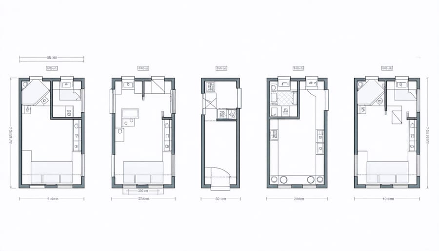Floor plan illustrations of different two-room shed layouts and configurations