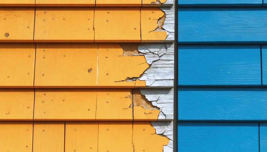 Side-by-side comparison of UV-damaged versus UV-protected shed materials showing color fading and deterioration