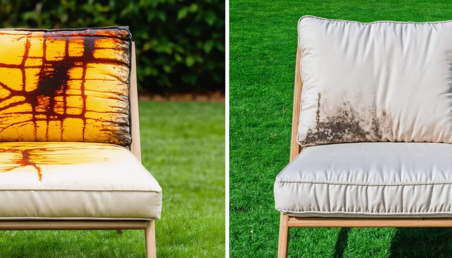Side-by-side comparison of UV-damaged and UV-protected patio furniture showing color fading and material degradation