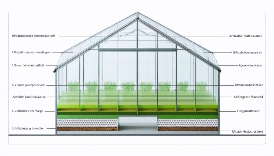 Technical illustration showing the different protective layers in UV-stabilized greenhouse plastic
