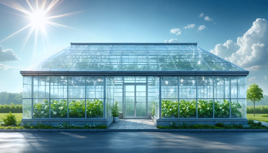 Illustration of a greenhouse with UV-stabilized plastic reflecting sun rays, showing thriving plants inside and adjacent shed partially protected from sun damage.
