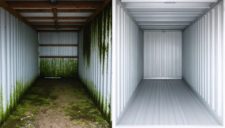 Before and after comparison of storage shed interiors showing the impact of proper ventilation