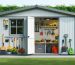 Artistic illustration of a two-room shed in a landscape setting, showcasing separate workshop and garden storage areas, modern design elements, and organized spaces.