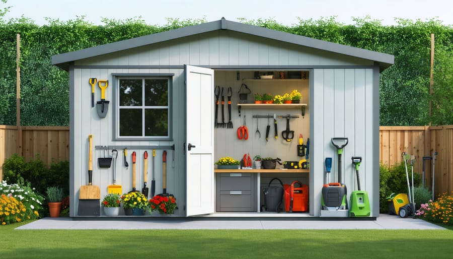 Artistic illustration of a two-room shed in a landscape setting, showcasing separate workshop and garden storage areas, modern design elements, and organized spaces.
