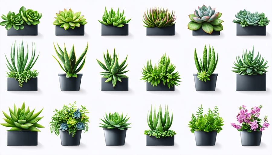 Variety of low-maintenance plants ideal for vertical gardens including succulents, herbs, and compact flowering species