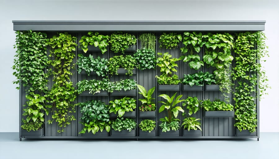 Living wall system on shed exterior showing diverse plant integration and vertical gardening techniques