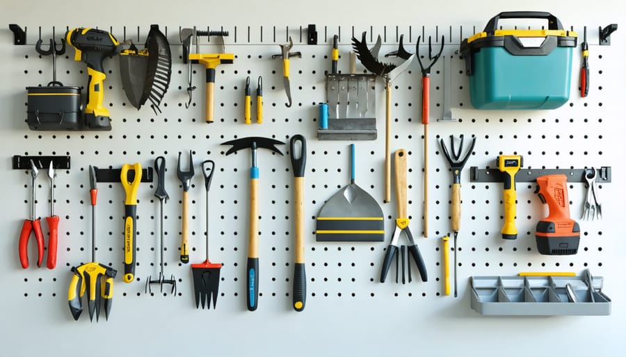 Vertical garden tool storage system showing efficient wall-mounted organization