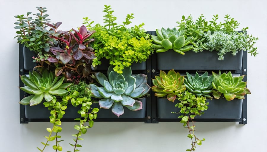 A modern and vibrant vertical garden display on a small balcony, featuring modular planting panels with colorful herbs, succulents, and trailing vines arranged for maximum impact.