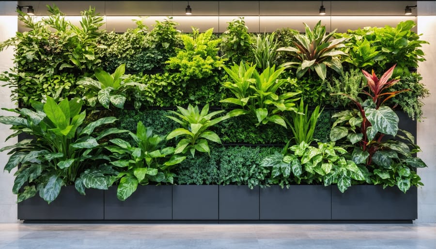 Living wall with diverse plant species in an outdoor office setting