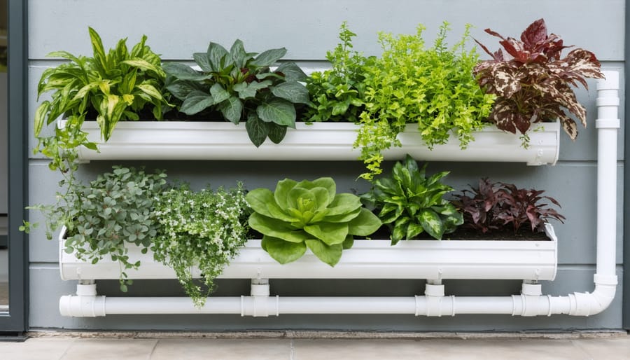 Space-saving vertical garden using repurposed rain gutters with cascading plants