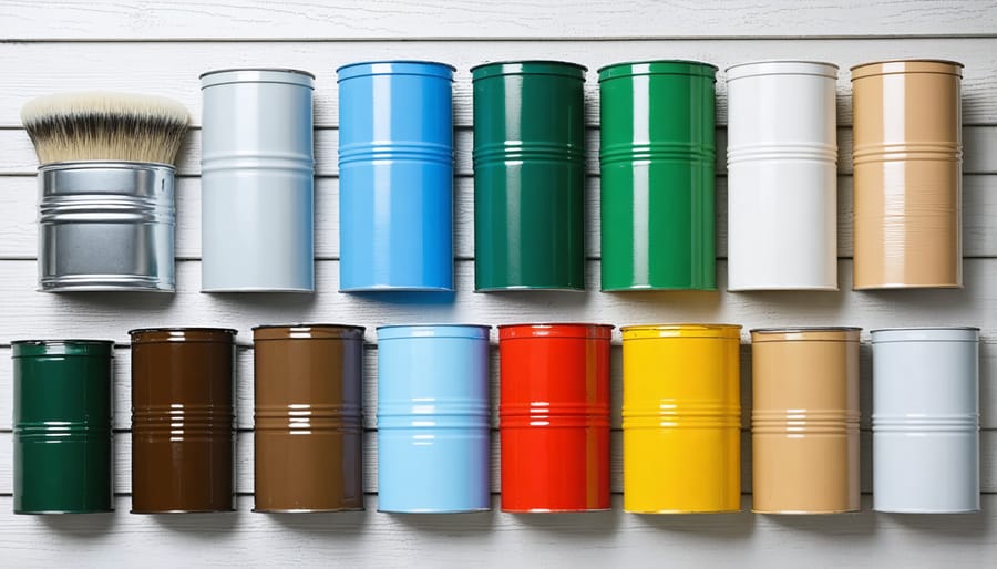 Collection of exterior paint types including oil-based, latex, and specialty shed paints