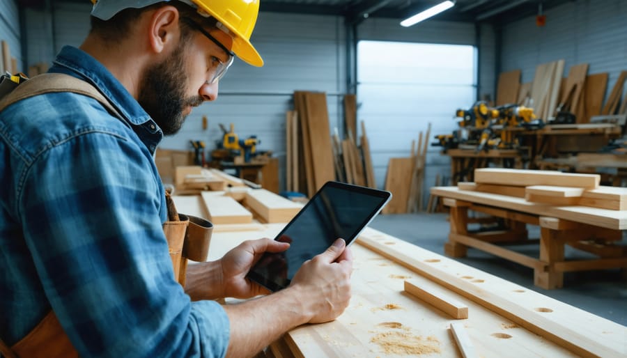 Person using tablet to control workshop equipment through Hubz smart controller interface