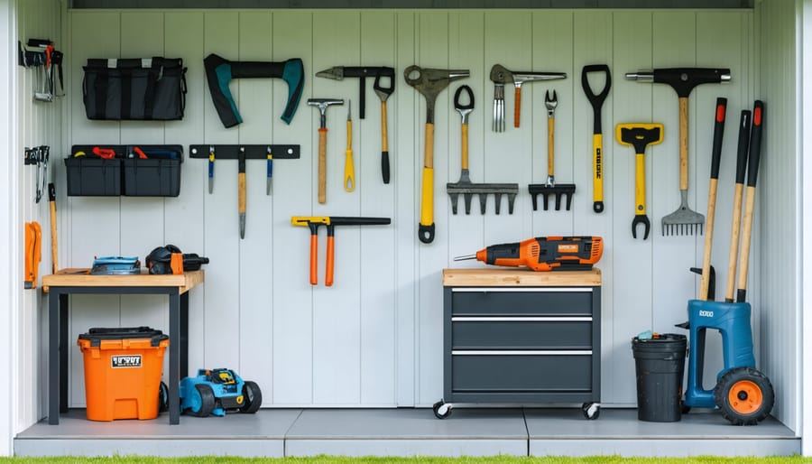 Interior of two-room shed divided between workshop and garden storage areas