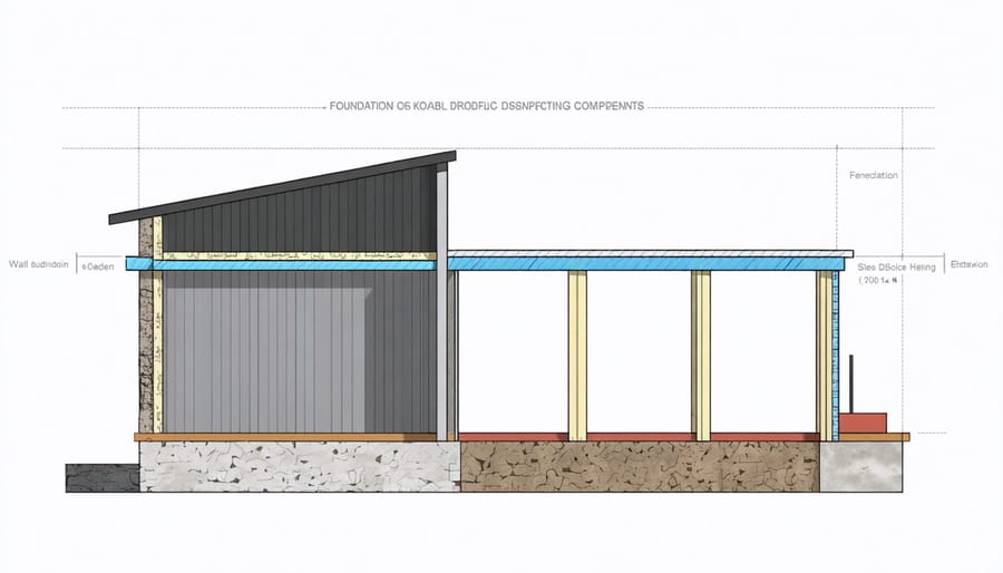 Detailed architectural cross-section of workshop shed construction elements