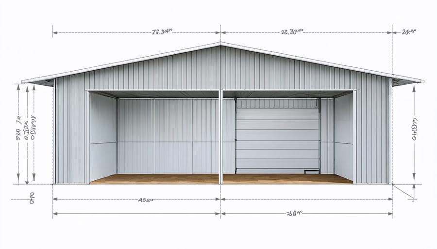 Workshop shed floor plan with measurements and space allocation for different work zones