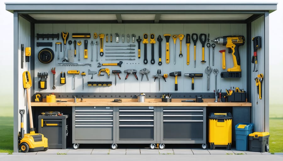 Well-organized workshop shed interior with custom storage solutions and workspace setup