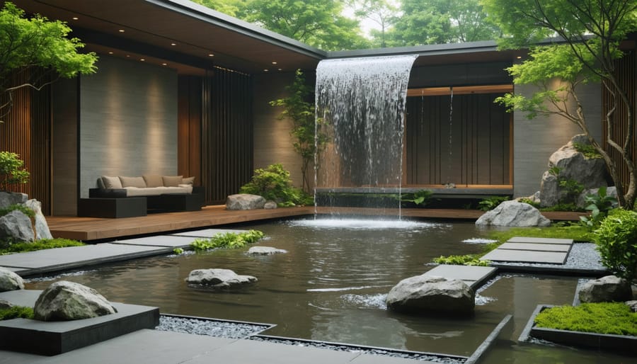 Minimalist water fountain next to outdoor workspace desk