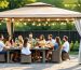 Family enjoying a meal under a stylish Z Shade canopy in a beautifully landscaped backyard, highlighting comfort and elegance during outdoor gatherings.