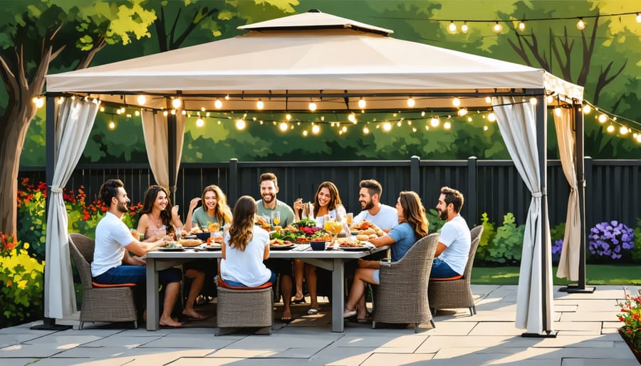 Family enjoying a meal under a stylish Z Shade canopy in a beautifully landscaped backyard, highlighting comfort and elegance during outdoor gatherings.