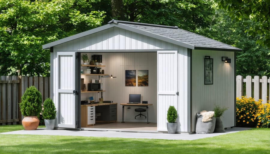 Small wooden 8x10 studio shed with windows in residential backyard