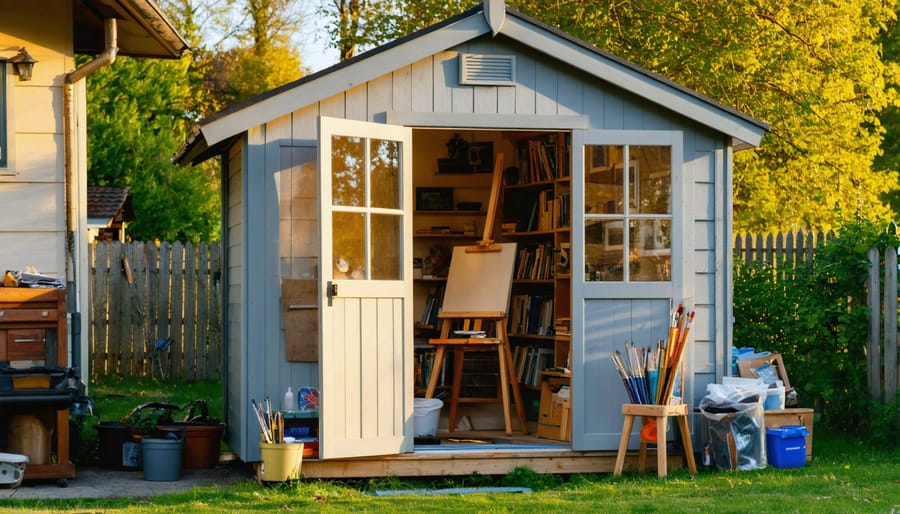 Small wooden 8x10 studio shed in a residential backyard at golden hour, door partially open to reveal an easel and organized art supplies, with house and trees softly blurred in the background.