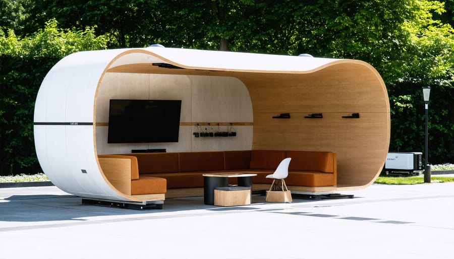 Modern outdoor work pod with acoustic walls and pergola covering