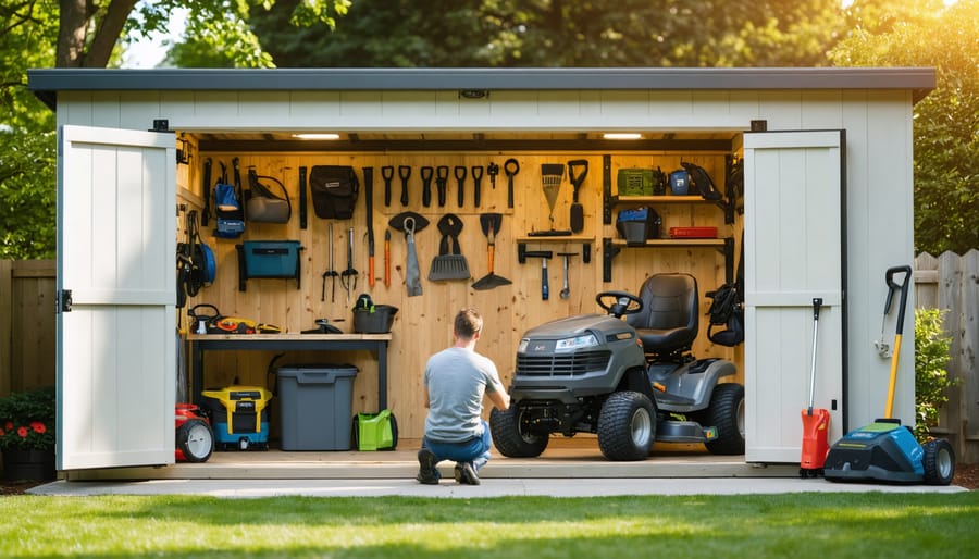 Homeowner kneels to measure a riding mower while holding a tablet inside an open wooden storage shed with organized shelving, workbench, and garden tools; warm natural light and a softly blurred suburban yard beyond.