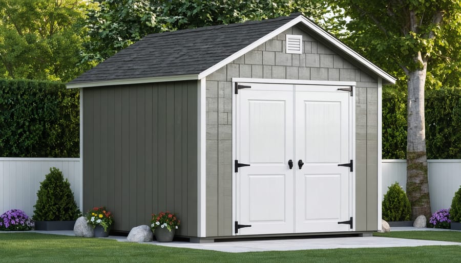 Person holding tablet showing 3D shed design software with backyard visible in background