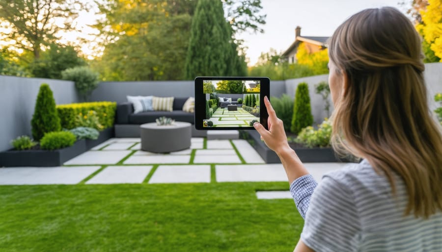 Person holding tablet in backyard to plan garden layout using augmented reality
