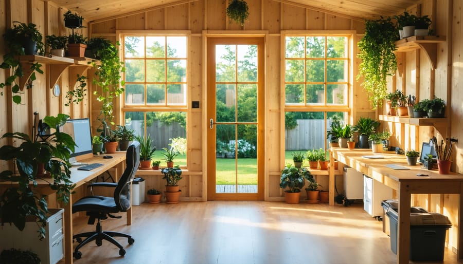 Interior of art studio shed with easel, paint supplies, and natural lighting from skylight