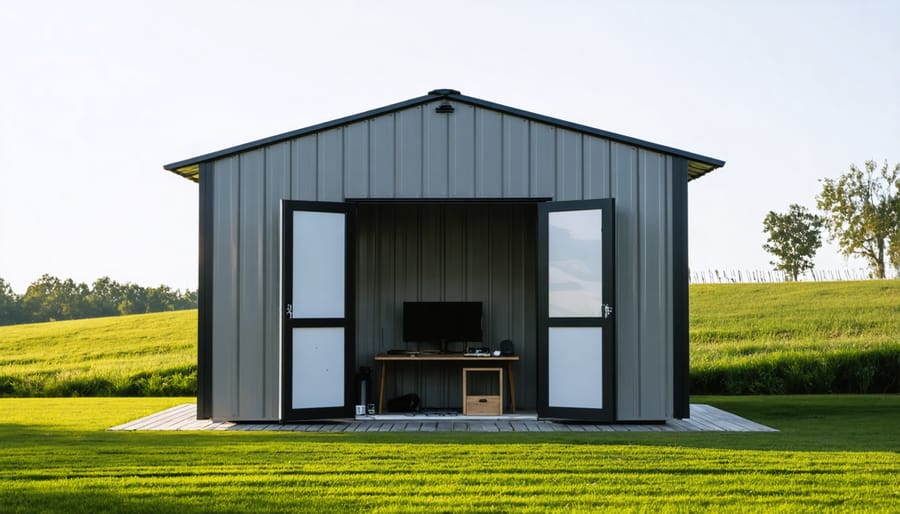 Artist painting at easel in studio shed with natural window light