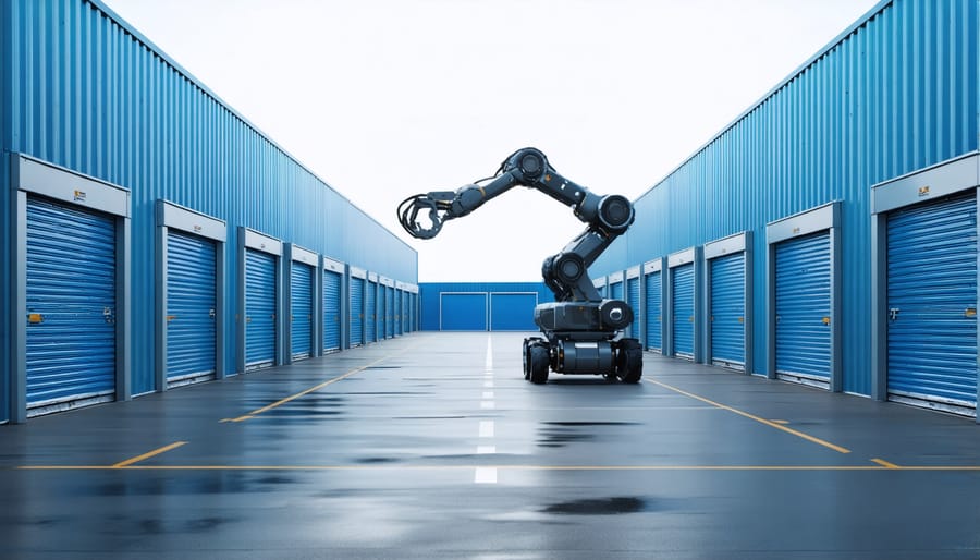Robotic arm retrieving items from organized outdoor storage unit